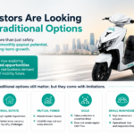Infographic showing Ridoji electric scooter with traditional investment options like fixed deposits, real estate, gold, mutual funds, and small businesses, highlighting why investors are exploring EV fleet investment.