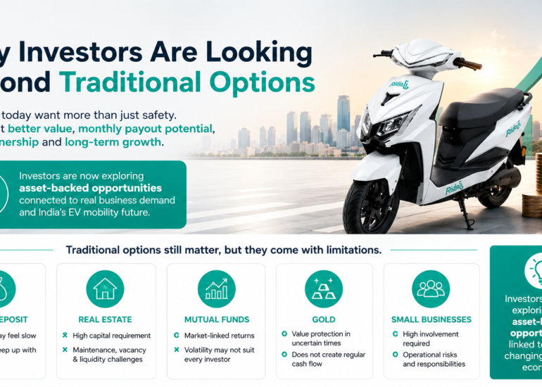 Infographic showing Ridoji electric scooter with traditional investment options like fixed deposits, real estate, gold, mutual funds, and small businesses, highlighting why investors are exploring EV fleet investment.