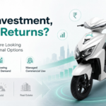 Ridoji electric scooter with an upward growth arrow, highlighting low investment, good returns, asset-backed opportunity, growing EV demand, and managed commercial use.