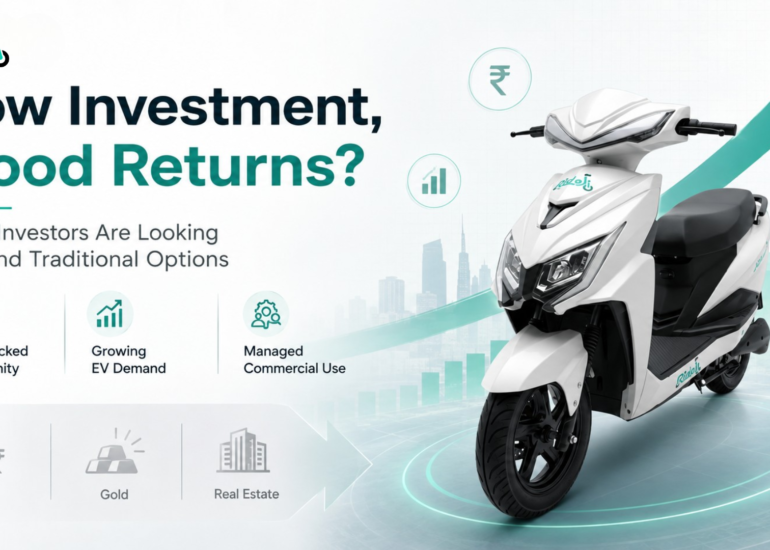Ridoji electric scooter with an upward growth arrow, highlighting low investment, good returns, asset-backed opportunity, growing EV demand, and managed commercial use.