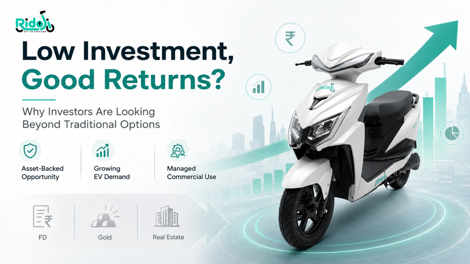 Ridoji electric scooter with an upward growth arrow, highlighting low investment, good returns, asset-backed opportunity, growing EV demand, and managed commercial use.