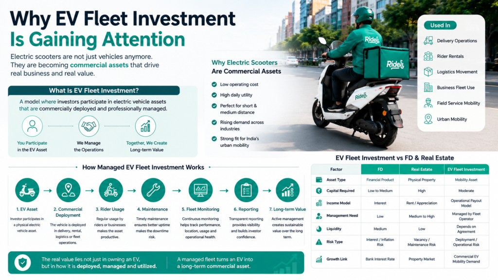 Infographic explaining EV fleet investment with a Ridoji delivery rider, managed fleet workflow, commercial use cases, and comparison between EV fleet investment, FD, and real estate.