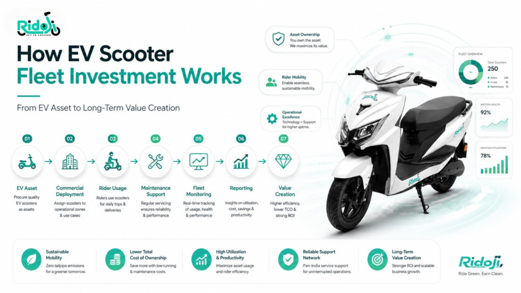 Infographic explaining how EV scooter fleet investment works, showing the journey from EV asset ownership to commercial deployment, rider usage, maintenance, fleet monitoring, reporting, and long-term value creation with a Ridoji electric scooter.