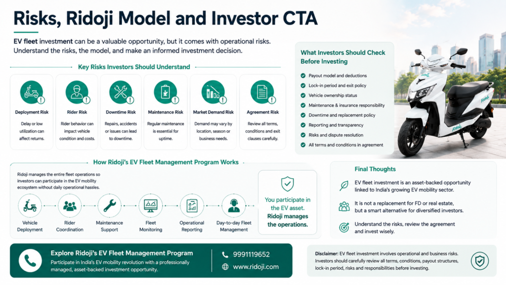 Infographic showing EV fleet investment risks, investor checklist, Ridoji electric scooter, and Ridoji’s managed fleet model with vehicle deployment, rider coordination, maintenance support, fleet monitoring, and reporting.