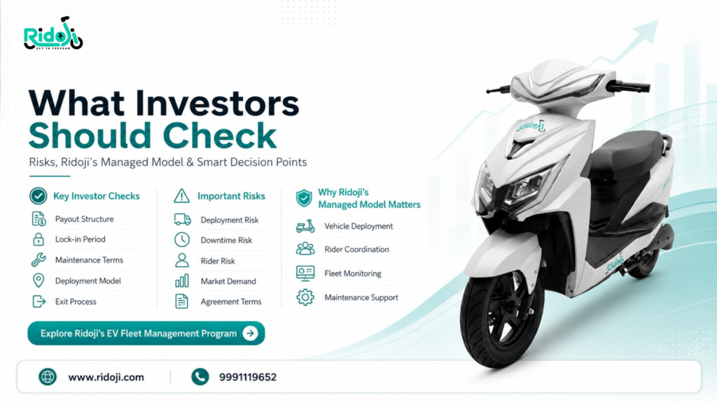 Ridoji electric scooter with investor checklist, key risks, and managed EV fleet model points including payout structure, lock-in period, maintenance terms, deployment risk, rider risk, and fleet monitoring.