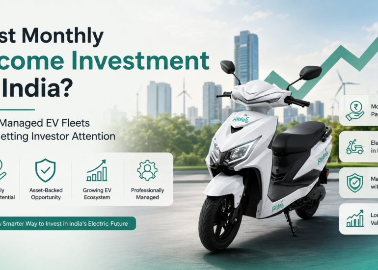 Ridoji electric scooter featured in a clean investment-themed banner with the headline “Best Monthly Income Investment in India?” alongside growth arrow graphics, monthly payout icons, asset-backed opportunity, and managed EV fleet benefits.