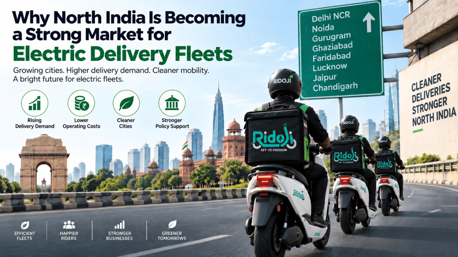 Electric Delivery Fleets growing in North India with Ridoji riders, Delhi NCR routes, and cleaner mobility benefits.