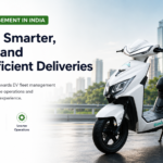 Ridoji electric scooter on a city road with text about EV fleet management in India, cost-efficient deliveries, lower running cost, smarter operations, and cleaner business mobility.