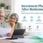 Investment Plan After Retirement showing an elderly Indian couple reviewing financial documents with icons for monthly income, capital safety, liquidity, medical care, inflation protection, FD, SIPs, real estate, and managed EV fleet investment.