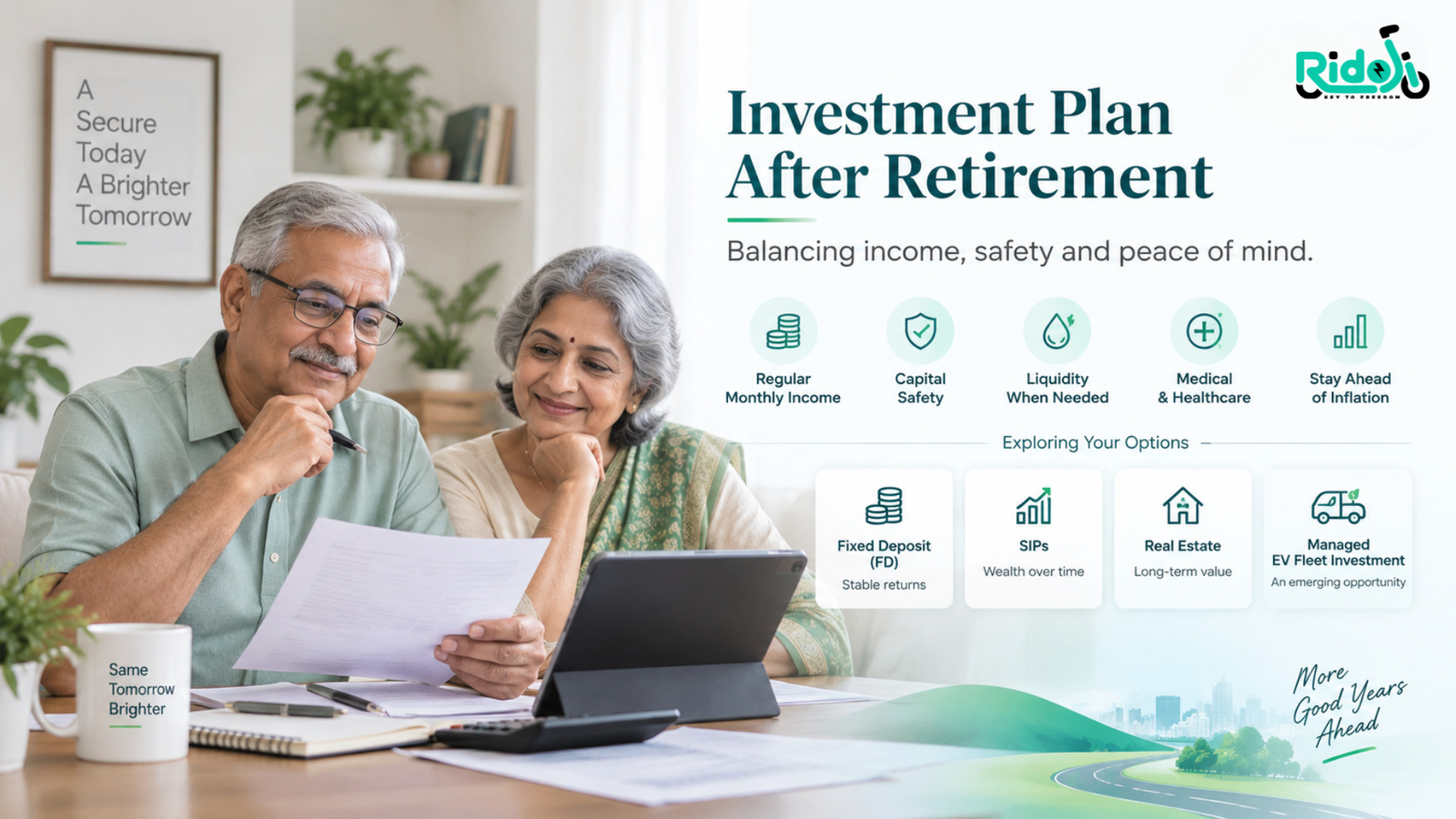Investment Plan After Retirement showing an elderly Indian couple reviewing financial documents with icons for monthly income, capital safety, liquidity, medical care, inflation protection, FD, SIPs, real estate, and managed EV fleet investment.