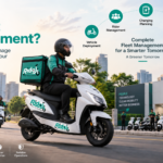 EV Fleet Management infographic showing Ridoji electric scooter rider, fleet operations hub, vehicle deployment, rider management, charging planning, maintenance support, fleet monitoring, and reporting.