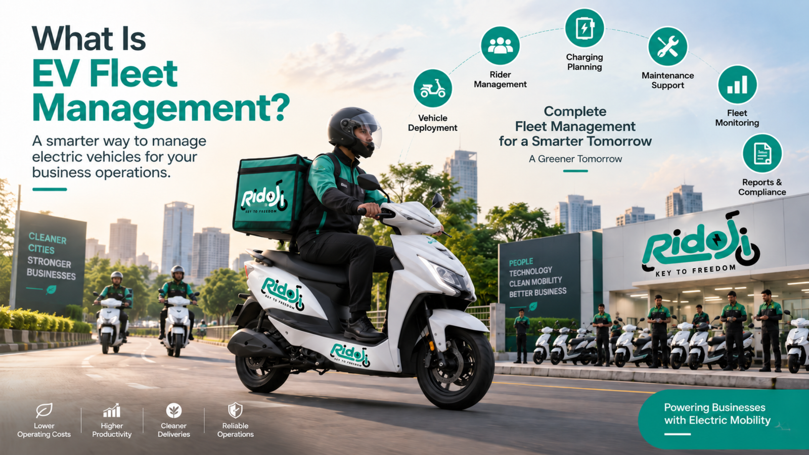 EV Fleet Management infographic showing Ridoji electric scooter rider, fleet operations hub, vehicle deployment, rider management, charging planning, maintenance support, fleet monitoring, and reporting.