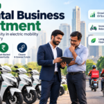 EV Rental Business Investment infographic showing Ridoji electric scooters, investors reviewing fleet growth, delivery riders, rising EV demand, asset-backed opportunity, and cleaner mobility future.