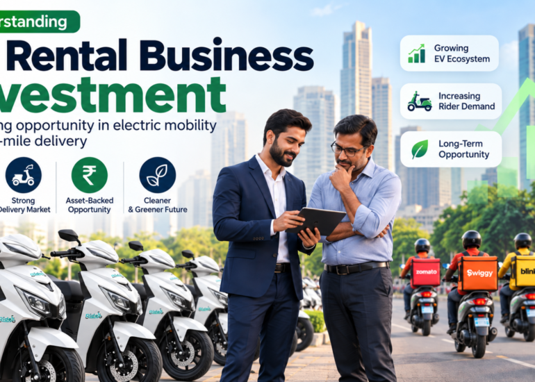 EV Rental Business Investment infographic showing Ridoji electric scooters, investors reviewing fleet growth, delivery riders, rising EV demand, asset-backed opportunity, and cleaner mobility future.