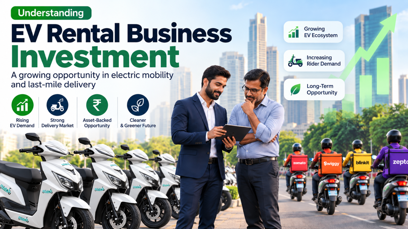 EV Rental Business Investment infographic showing Ridoji electric scooters, investors reviewing fleet growth, delivery riders, rising EV demand, asset-backed opportunity, and cleaner mobility future.