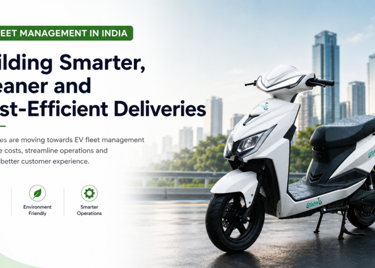 Ridoji electric scooter on a city road with text about EV fleet management in India, cost-efficient deliveries, lower running cost, smarter operations, and cleaner business mobility.