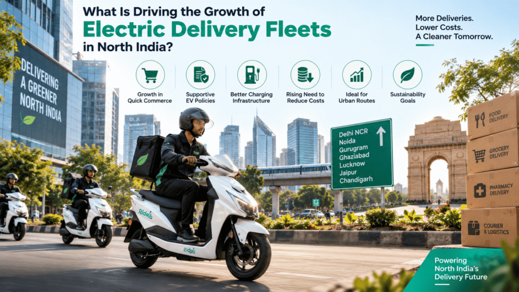 Infographic showing Ridoji electric scooters, North Indian city landmarks, delivery boxes, and icons for quick commerce, EV policy, charging infrastructure, cost reduction, urban routes, and sustainability.