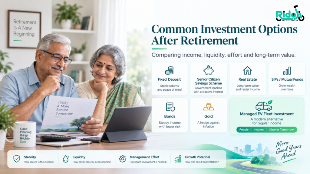 Common Investment Options After Retirement infographic showing fixed deposits, senior citizen savings scheme, real estate, SIPs, mutual funds, bonds, gold, and managed EV fleet investment for retirees.