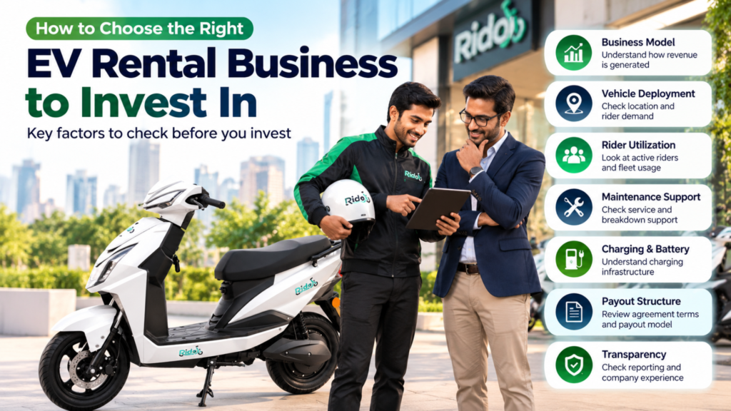 EV Rental Business Investment checklist showing Ridoji electric scooter, investor and rider reviewing business model, vehicle deployment, rider utilization, maintenance, charging, payout structure, and transparency.