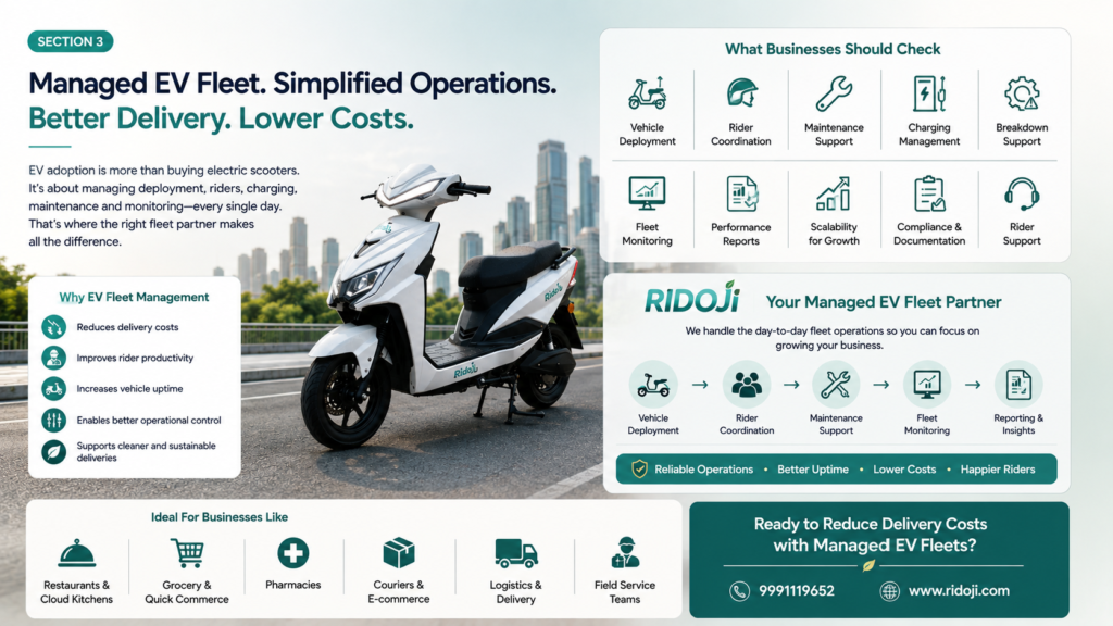 Ridoji EV fleet management infographic showing a white electric scooter, business checklist, fleet operations workflow, rider coordination, maintenance support, monitoring, reporting, and delivery cost reduction CTA.