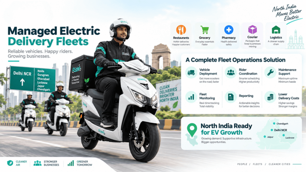 Electric Delivery Fleets managed by Ridoji for restaurants, grocery brands, pharmacies, courier companies, and logistics businesses.