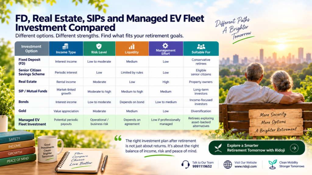 Investment Plan After Retirement comparison infographic showing FD, senior citizen savings scheme, real estate, SIPs, bonds, gold, and managed EV fleet investment compared by income, risk, liquidity, management effort, and suitability.