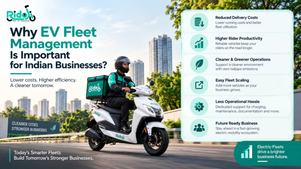 EV Fleet Management for Indian businesses showing Ridoji electric scooter rider with benefits including reduced delivery costs, higher rider productivity, cleaner operations, easy fleet scaling, less operational hassle, and future-ready growth.