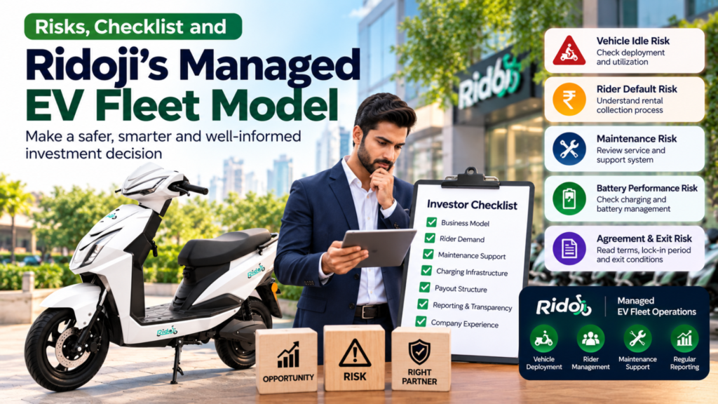 EV Rental Business Investment risk checklist showing Ridoji scooter, investor checklist, vehicle idle risk, rider default risk, maintenance risk, battery performance risk, agreement exit risk, and managed EV fleet operations.