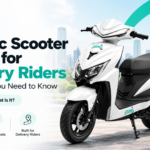 Electric Scooter Rental for Delivery Riders blog image showing Ridoji white electric scooter, city delivery route, flexible mobility, lower running costs, and delivery rider support.
