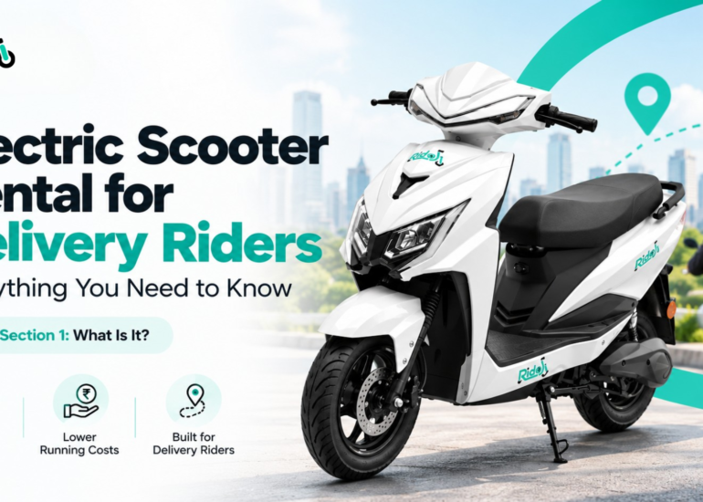 Electric Scooter Rental for Delivery Riders blog image showing Ridoji white electric scooter, city delivery route, flexible mobility, lower running costs, and delivery rider support.