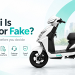 Ridoji is real or fake blog image showing white Ridoji electric scooter with verification icons for website, office presence, legal documents, customer support, and overall trust.