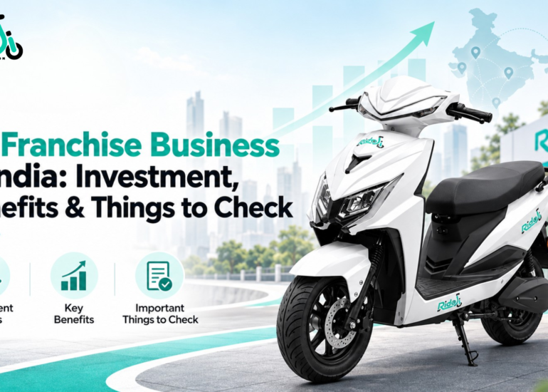 EV Franchise Business in India featuring a white Ridoji electric scooter, Ridoji logo, EV business growth chart, franchise opportunity, investment benefits, and India map.