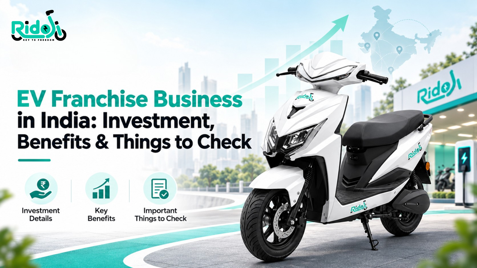 EV Franchise Business in India featuring a white Ridoji electric scooter, Ridoji logo, EV business growth chart, franchise opportunity, investment benefits, and India map.