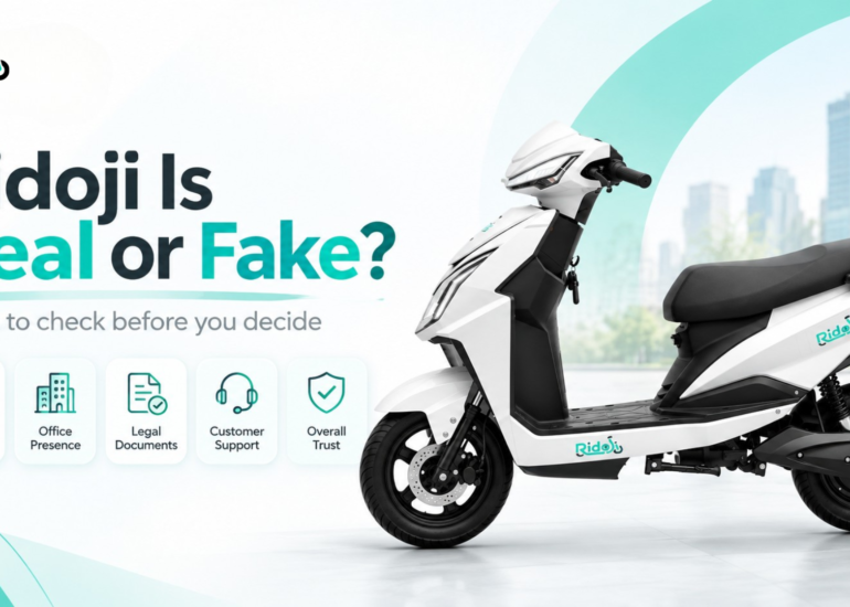 Ridoji is real or fake blog image showing white Ridoji electric scooter with verification icons for website, office presence, legal documents, customer support, and overall trust.