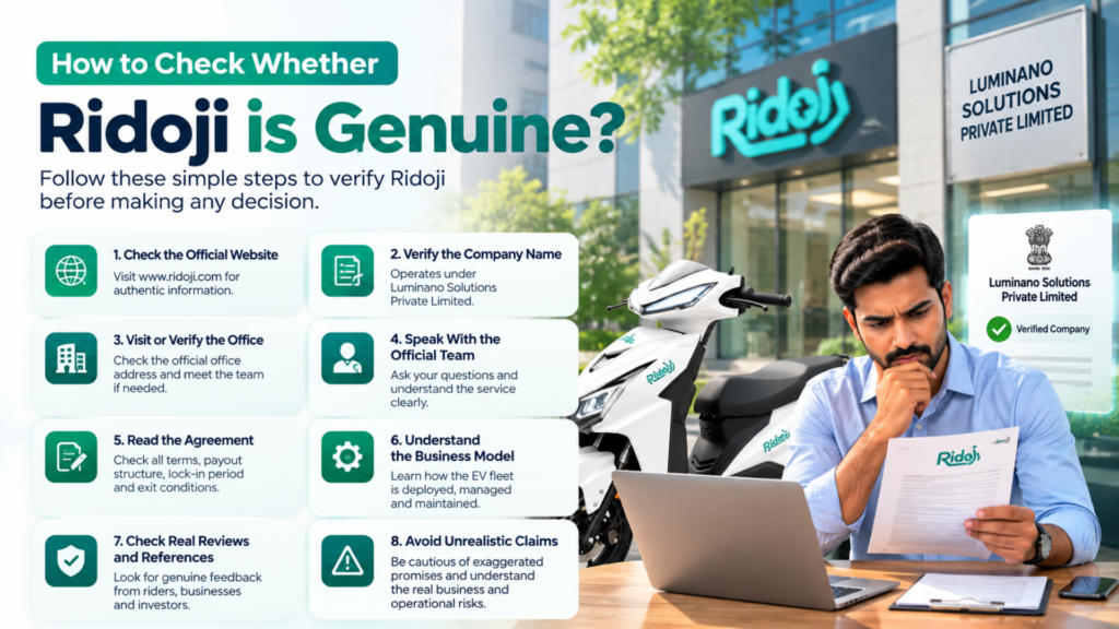 How to check whether Ridoji is genuine infographic showing verification checklist, official website, company name, office verification, agreement terms, business model, reviews, and official team support.