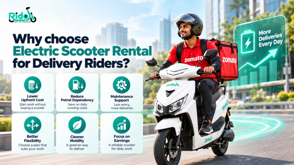 Electric Scooter Rental for Delivery Riders benefits image showing Ridoji electric scooter rider with lower upfront cost, reduced petrol dependency, maintenance support, flexibility, cleaner mobility, and daily delivery earnings.