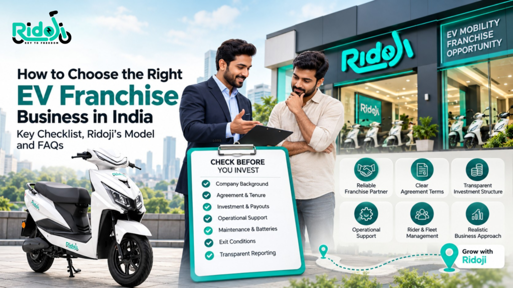 EV Franchise Business in India investor checklist showing Ridoji electric scooter, franchise consultation, company background, agreement terms, investment payouts, maintenance, operational support, exit conditions, and transparent reporting.